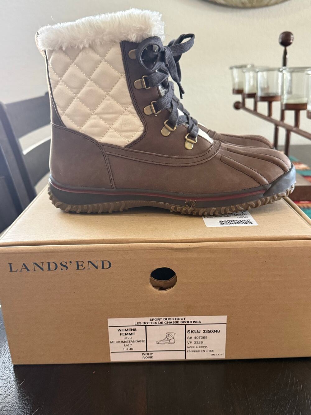 Lands’ End Women’s Sport Duck Boots Size 9B Brown Ivory Faux Fur Winter